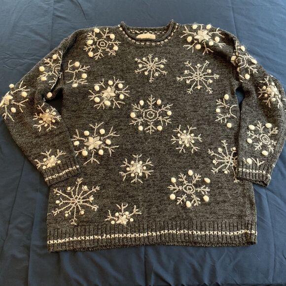VTG Christopher & Banks Hand Knit Sweater Pullover Snowflakes Christmas Winter - Picture 1 of 6